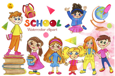 Watercolor back to school clip art, children boys and girls