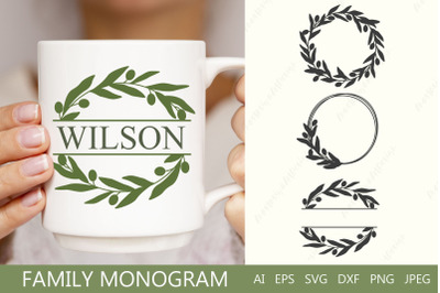 Olive branch wreath svg, Family split monogram frame dxf