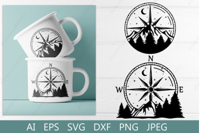 Compass with mountain svg, Travel clipart, Wild landscape illustration