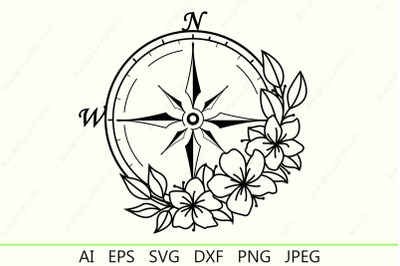 Compass with flowers svg, Travel logo, Vintage compass rose