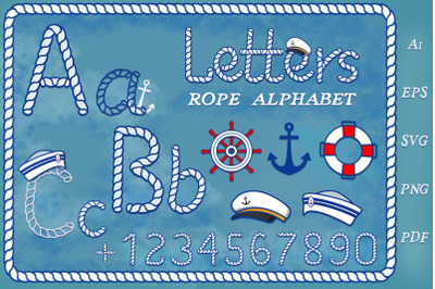 Rope alphabet and cliparts. Marine theme