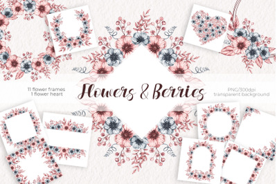 Flowers &amp; Berries heart and frames, Watercolor clipart PNG