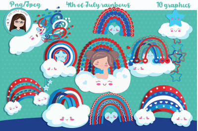 Fourth of July Rainbows brown hair girl cliparts
