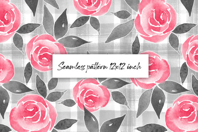 Roses on gray. Watercolor seamless pattern
