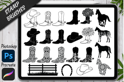 Cowboy Boot Stamps Brushes for Procreate and Photoshop. Western Set.