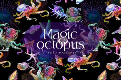 Watercolor Octopus Seamless Pattern, Kraken, Sea Creatures,