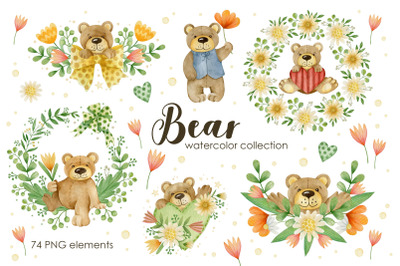 Watercolor bear collection. Wreath floral, bouquets, arrangement.