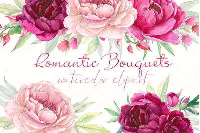Watercolor Peonies bouquets Png Bundle | Pink Floral clipart
