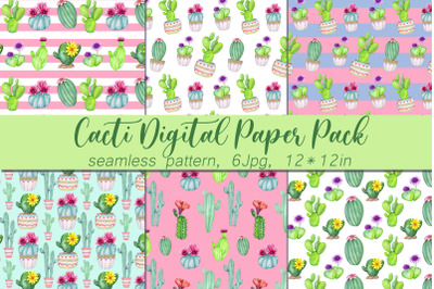 Watercolor Cacti digital paper | Cactus seamless pattern