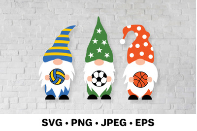 Sport gnomes holding basketball&2C; volleyball&2C; soccer balls