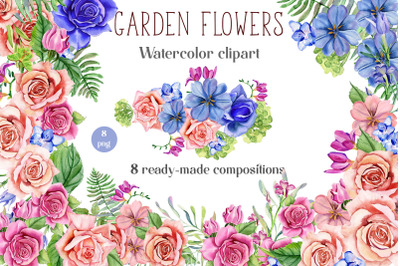 Watercolor Garden Flowers. Sublimation PNG