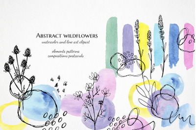 Watercolor abstract clipart, line art flower,  Wildflower digital pape