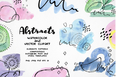 watercolor abstract clipart, colorful shapes brush stroke