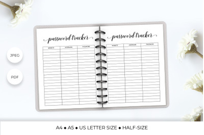 Password tracker page template. Planner inserts printable