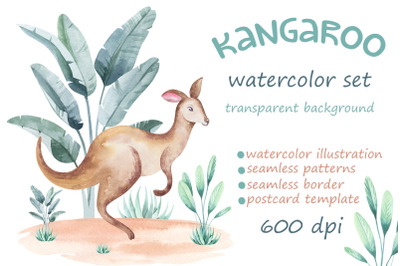 Kangaroo. Watercolor set. 10 items.