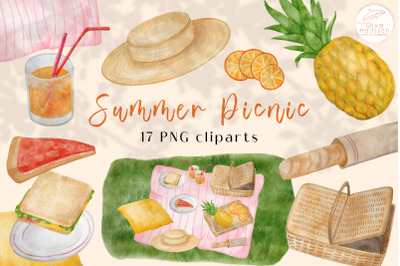 Summer Picnic Clipart Set. Digital Watercolor Picnic Food PNG