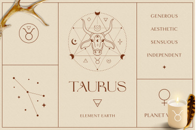 Taurus Zodiac Sign Logo Branding Design Kit. Premade Mystic Logos.