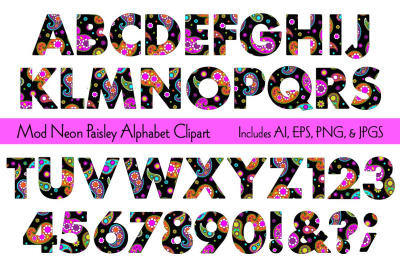 Mod Neon Paisley Alphabet Clipart