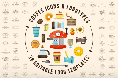 58 Coffee Icons &amp; 36 Editable Logos