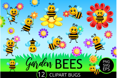 Cartoon Garden Bees - Spring Vector Clipart Set