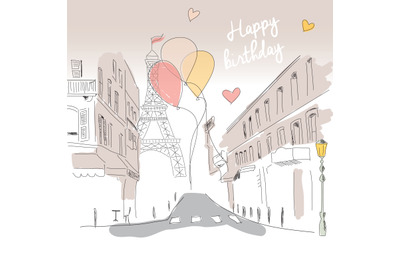Birthday card from Paris, hand drawn