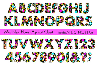 Mod Neon Flowers Alphabet Clipart
