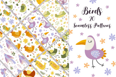 Birds and flowers seamless patterns. vector background.