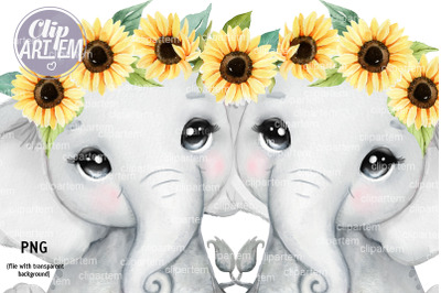 Sweet Twins Elephants Yellow Sunflower Watercolor PNG image