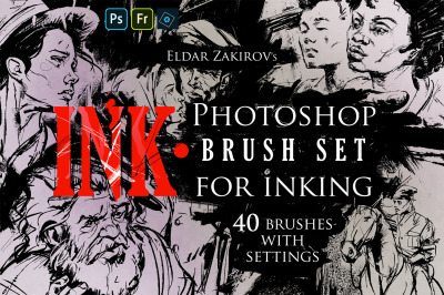 INK. 40 Photoshop Brushes for Inking + Photoshop Action for 100% black