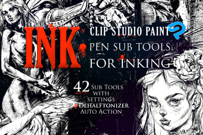 INK. for CSP: 41 Sub-Tools for Inking + Auto Action for 100% black