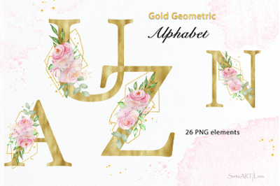 Gold Geometric alphabet with flowers