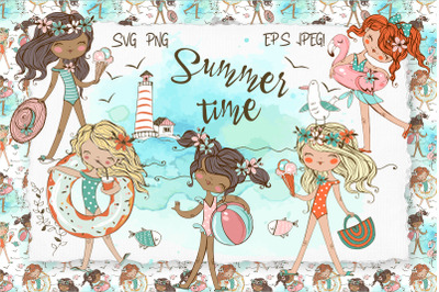 Summer time. Cute girls. SVG PNG EPS