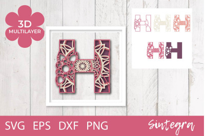 3D Floral Letter H Mandala Multilayer SVG Cut File