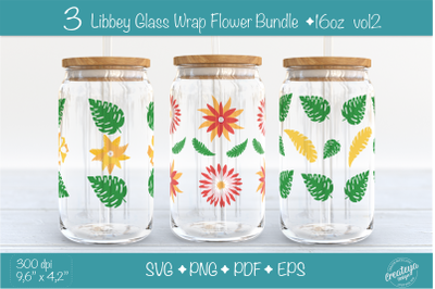 Libbey glass wrap Bundle with Flowers and Leaves. 16 oz glass can wrap
