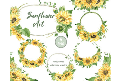 Sunflower wreath. Sunflower summer PNG clipart. Watercolor Yellow