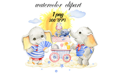 Baby elephant sailor, Watercolor animals, beach party, ice cream summe