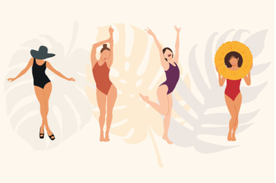 Girls in swimsuits, Vector file, Vector fern leaves, Clipart