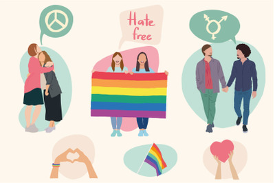 Vector drawings in support of the LGBTQ community, Hate free, LGBTQ