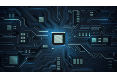 Processor on circuit board. Motherboard chips, microchip electronic an