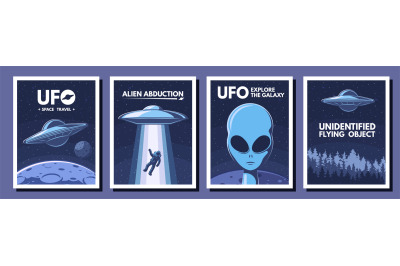 Space UFO posters. Retro alien, flying object and space travel vector