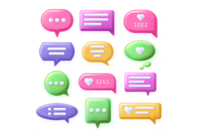 Speech 3d bubbles. Talk message buttons, text chat app elements and di