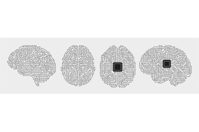 Circuit board brains. Artificial intelligence microchip, AI chip and d