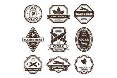 Cigar labels. Classic tobacco leaf sign, hand rolled cigarette and nic