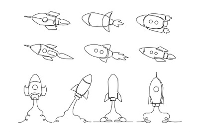 One line rocket. Space ship launch, simple rockets flying into univers