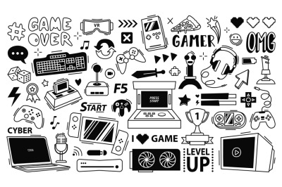 Gaming streaming doodle. Game gadgets, gamer equipment and cyber sport