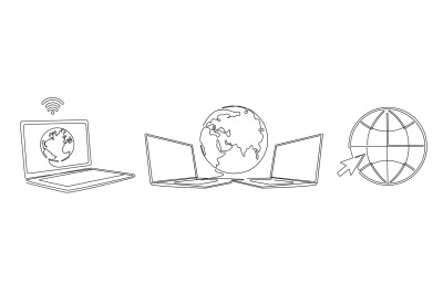 World with connected computers. One line laptop with worldwide interte