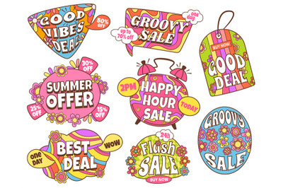 Groovy sale. Good vibes deal, retro 70s labels and offer badges vector