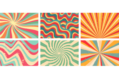 Groovy background. Starburst rays, colorful funky waves and vintage 60