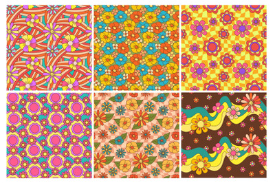 Groovy flowers background. Funky floral pattern, psychedelic 70s backd