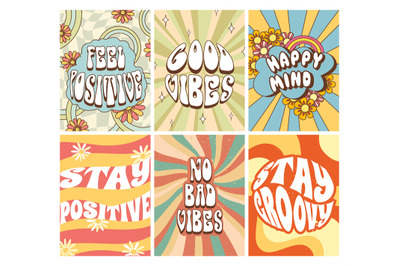 Groovy 70s posters. Stay positive, good vibes and happy mind vector il